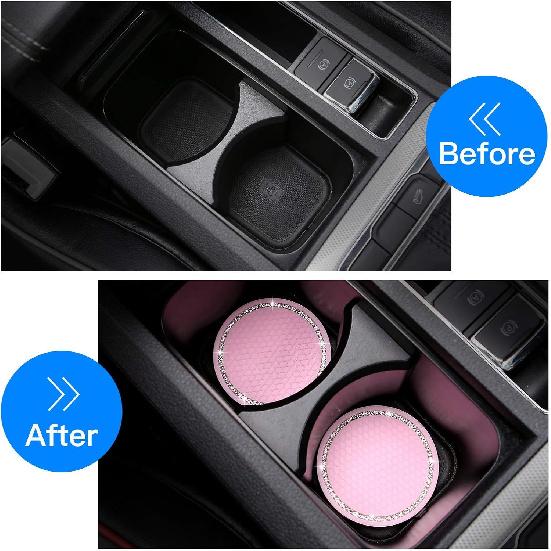 ACODABLEM 4 Pack Bling Car Coasters, 2.75 Inch Bling Crystal Rhinestone Soft Rubber Universal Anti-Slip Glitter Cup Mats Auto Drink Coaster Car