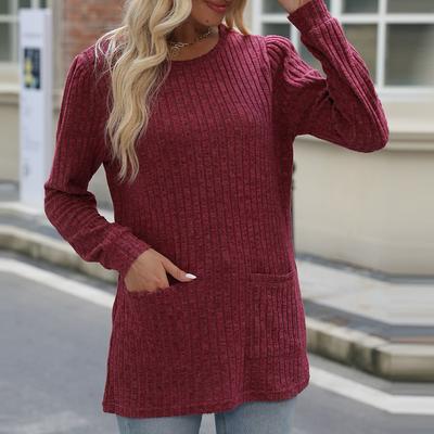 Damen Herbst Winter Pocket Fashion Top Casual Loose Bubble Sleeve T-Shirt