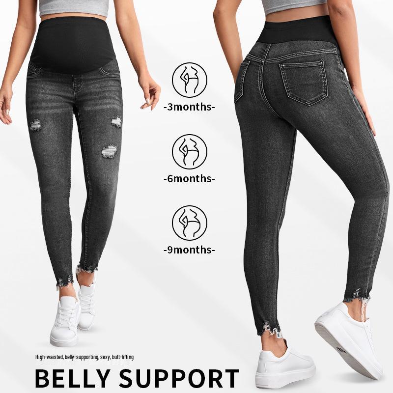Hellgraue Umstandsjeans: Sommer Dünn, Nicht einschnürend, Schlankmachend, Zerrissen, Retro Neun-Punkt-Hose.