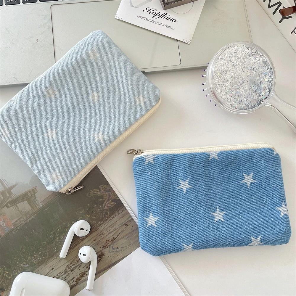Cute Star Print Coin Purse Denim Ultralight Lipstick Earphone Storage Bag with Zipper Small Coin Wallet