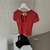 Bow Strap U-shaped Hollow Slim Round Neck Short Top Women's Summer Front Shoulder Slim Short-sleeved T-shirt
