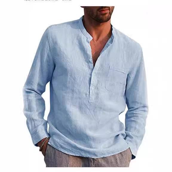 Men's Long-sleeved V-neck Casual Beach Linen Shirt Men's New Versatile Thin Models of Fashion Shirt Tops