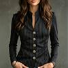 Lady Casual Jacket Women Stand Collar Striped Blazer, Slim Fit Single-Breasted Blazer Blouse Top, Office Business Outerwear Top