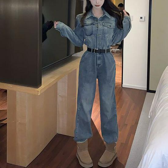 Women's Spring 2026 Hong Kong Retro Denim Jumpsuit - Casual Workwear Style