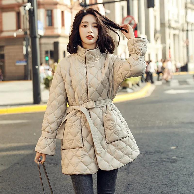 

Легкая и тонкая куртка из хлопка-пуховика женская средней длины, свободная, со шнуровкой, простое и щедрое женское пальто на осень и зиму M бежевый