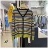 Autumn Winter Striped Patchwork Cardigan Sweater Women Vintage Loose Casual Fashion Knitting V-neck Button Top