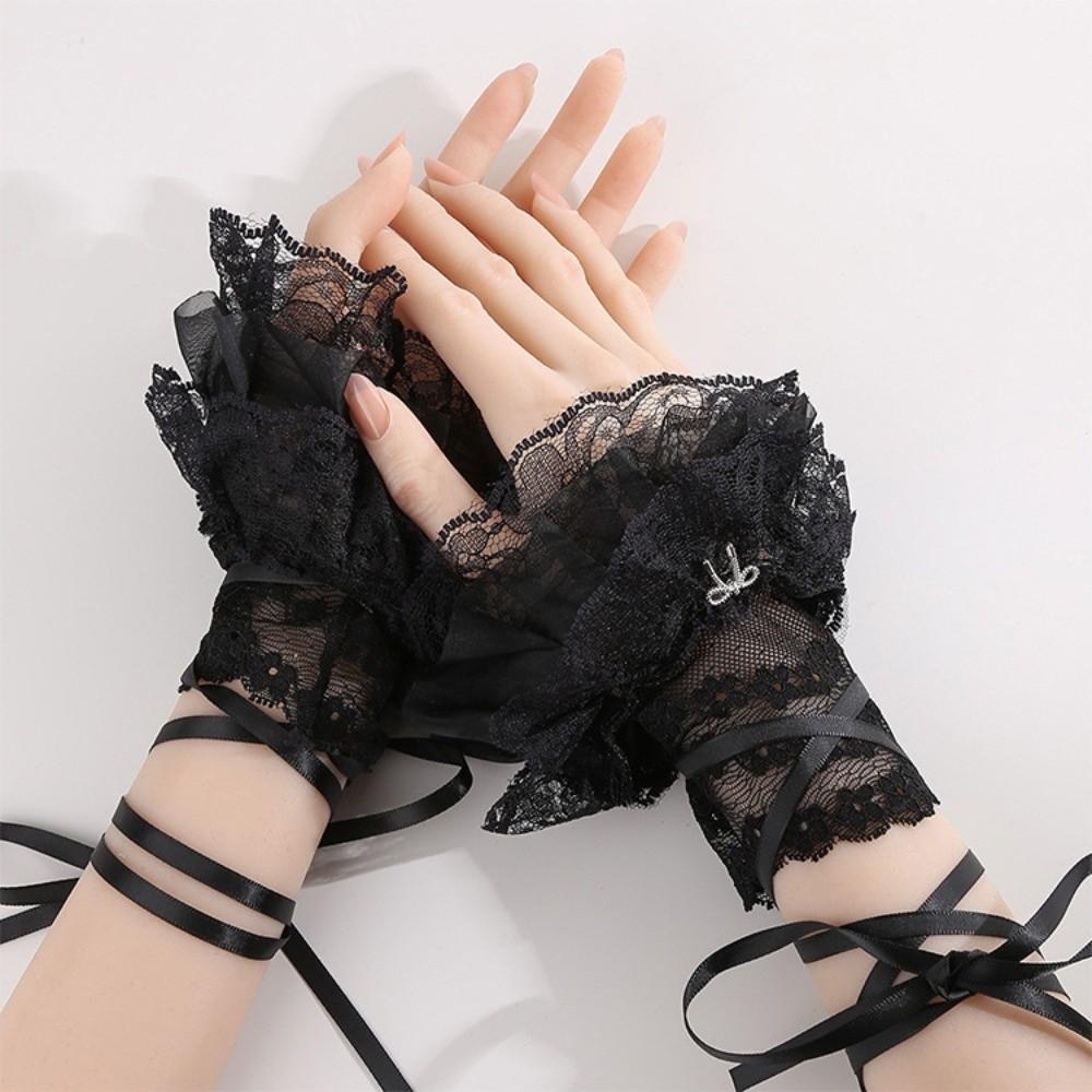 1Pair Black/White Fingerless Gloves Ruffled Design Elastic Lolita Gloves Floral Lace Bow Tie Sleeve