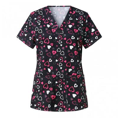 Uniformen Damen Medizinisch Elegant Herzmuster Geburtshilfe Mediziner Oberteil Mode V-Ausschnitt Kurzarm mit Tasche Klinische Uniformen Frau
