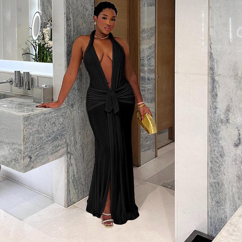 

Новое женское сексуальное платье без спины с глубоким V-образным вырезом и халтер-воротником, однотонное, с разрезом для женщин L