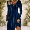 Women Criss Cross V Neck Long Sleeve Fitted Printed Dress Blue Green Curved Hem