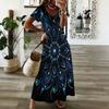 Women Plus Size V Neck Short Sleeve Black Blue Printed Straight Long Dress