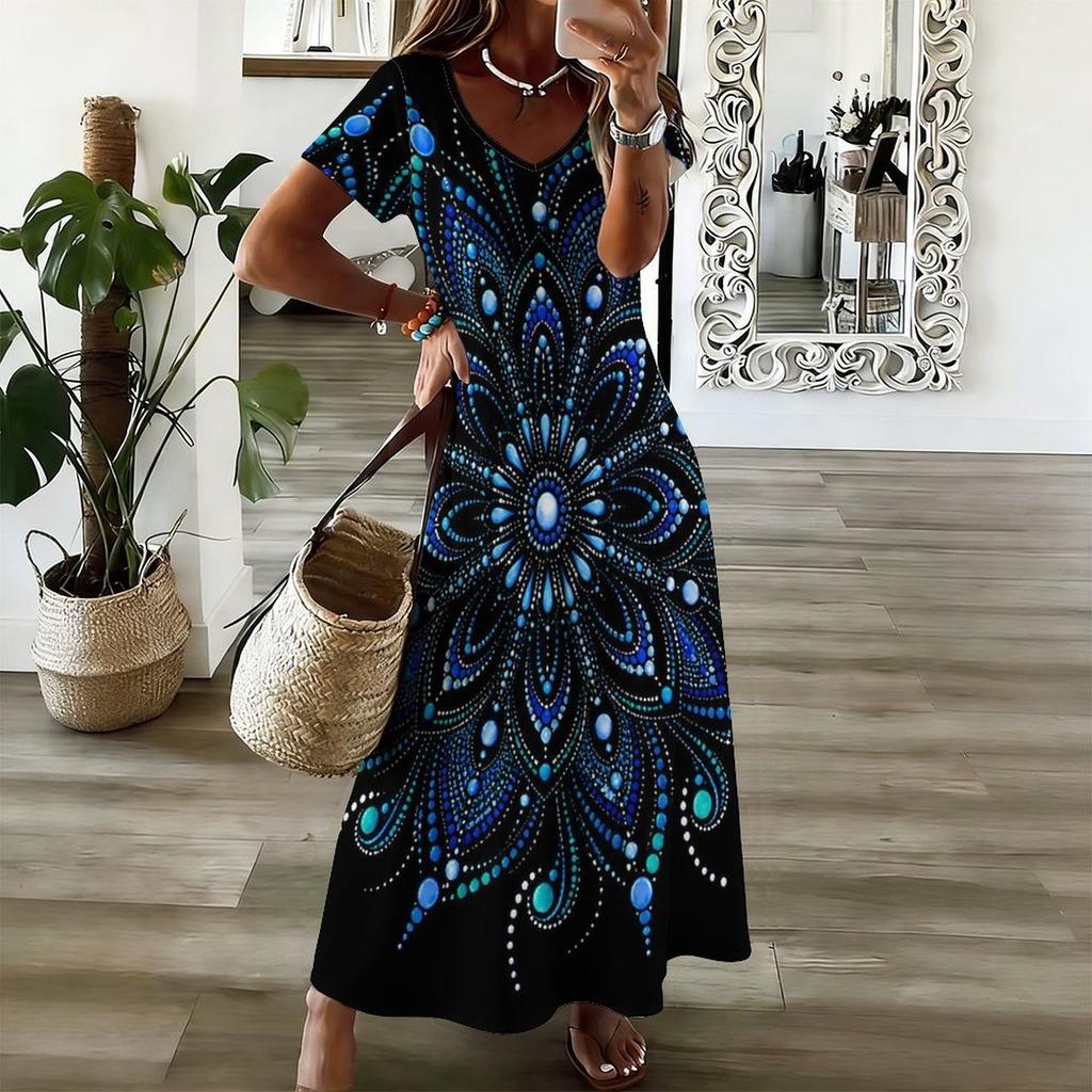 Women Plus Size V Neck Short Sleeve Black Blue Printed Straight Long Dress