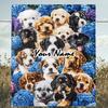 1PC Custom Name Puppies Blue Flowers Outdooor Flannel Blankets Patterns Throw Blanket All-Season Soft Gift for Couch, Bed, Camping Gifts