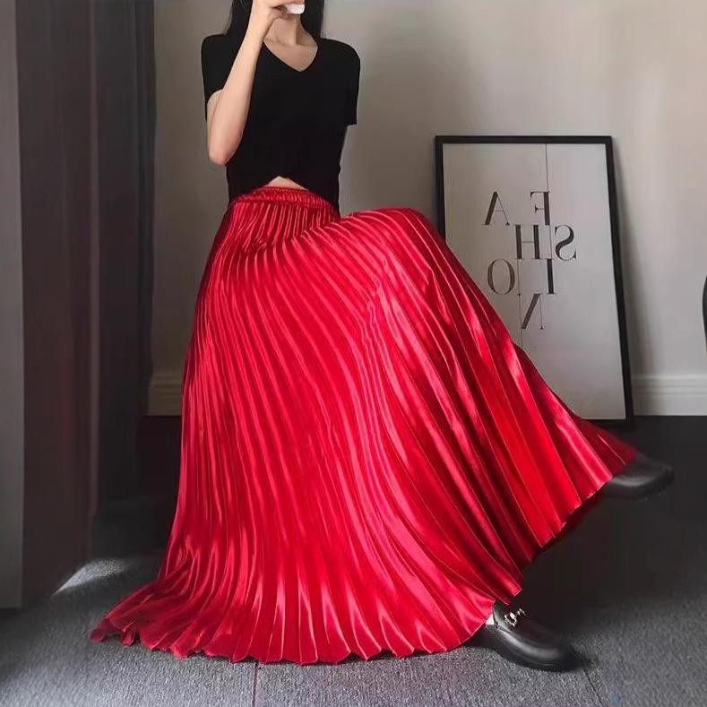 Dámská midi sukně z šifonu s vysokým pasem a plisováním - Červená áčková na léto