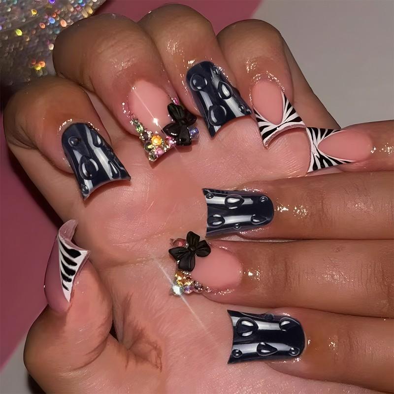Glossy Duckbill Press-On Nails With Sparkling Rhinestones Bowknot Drip Resin Black White Stripes Plaid Design Women Gel Adhesive Type