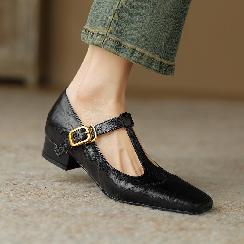 2024 New High Quality Women Pumps Thick High Heels Genuine Leather T-strap Buckles Retro Spring Summer Shoes Woman Office Pumps