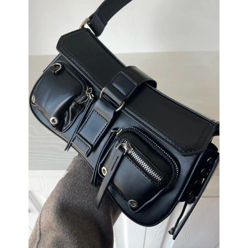 Vintage Pu Leather Black Women's Shoulder Bags Fashi Design Ladies Gothic Underarm Bag Y2k Cool Girls Female Tote Handbags