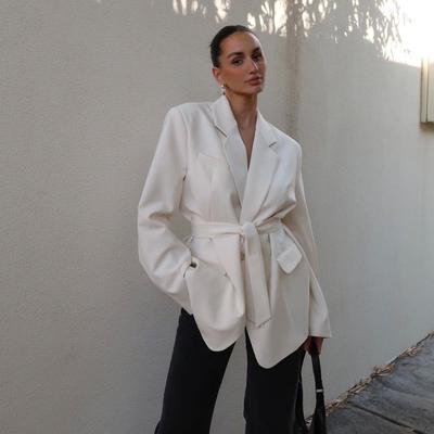 Lace Up Lapel Women's Blazer Loose Long Sleeve Solid Color Commute Suit Jacket 2025 Spring and Autumn