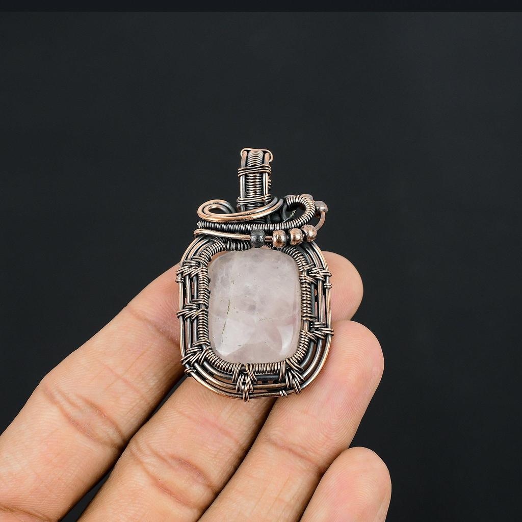 Rose Quartz Jewelry, 999 Copper Wire Wrapped Pendant Handmade Gemstone Jewelry, Gifts For Wife Brand New Pendant