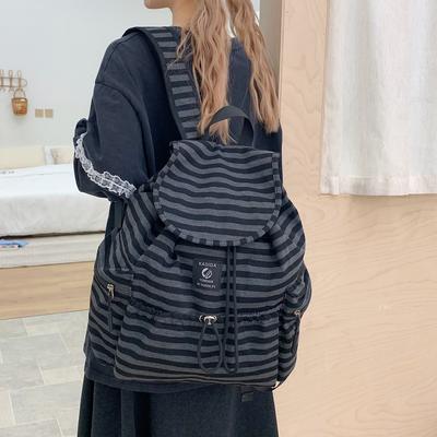 Cartable Sac à dos Vintage Nouveau Tendance Cool Mode Sac à dos à Bretelles Collège Rayé Grande Capacité Texturé Sac à dos Coréen