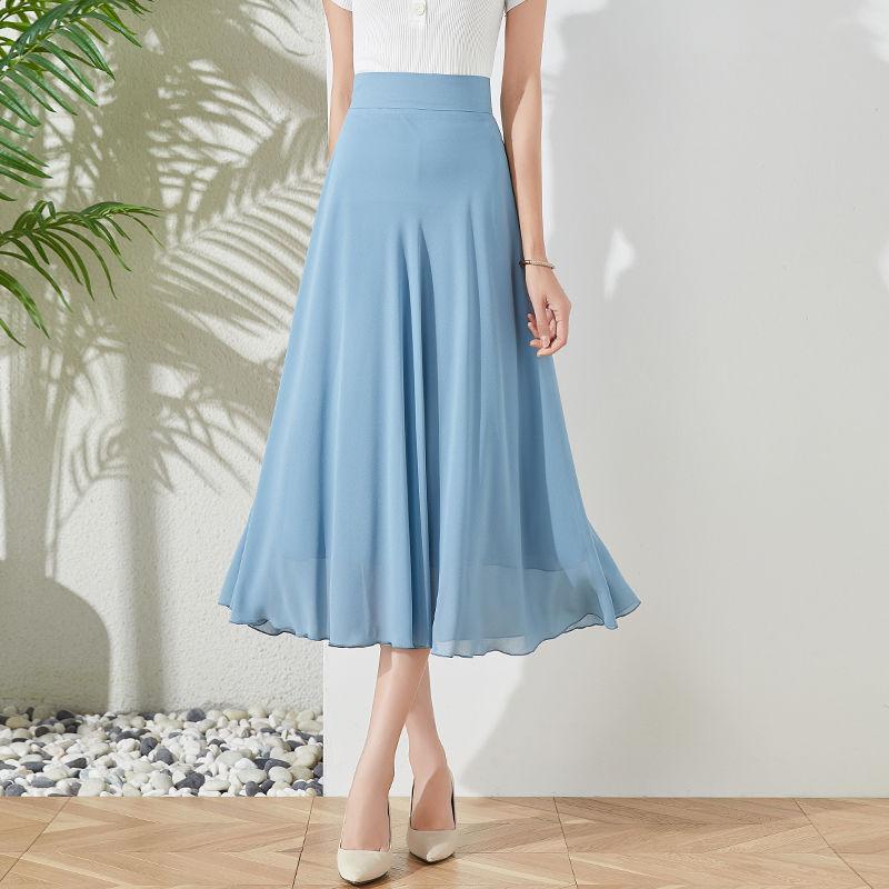 

Летняя новая однотонная юбка из шифона светло-коричневого цвета, миди, А-силуэта, с большим воланом, женская юбка до колена XXL светло-синий