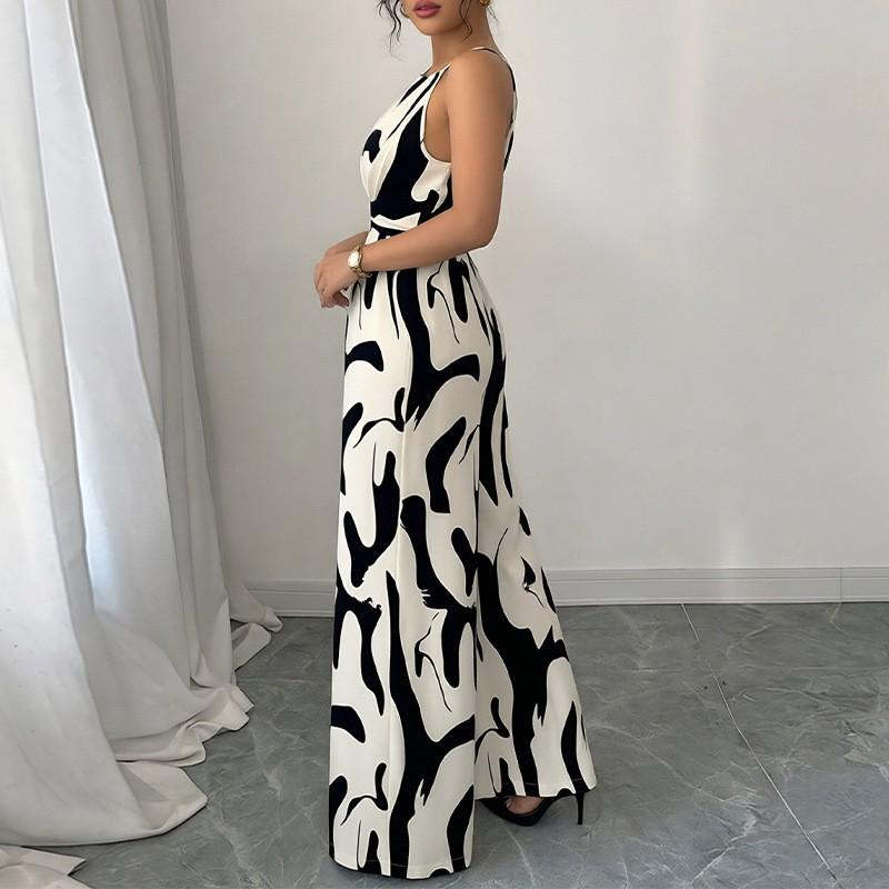 2026 Womens Elegant Sleeveless Printed Jumpsuit High-Waisted Wide-Leg Casual Office Wear
