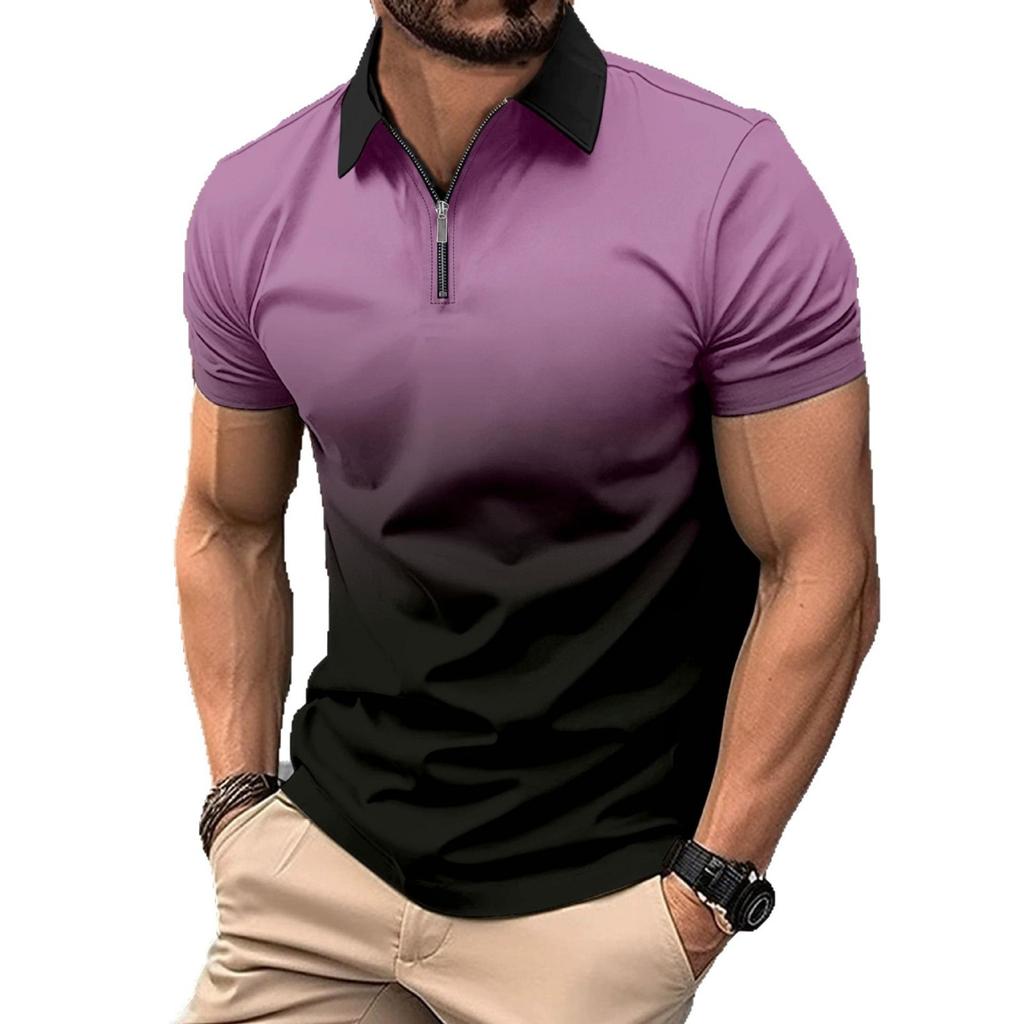 Men'S Short Sleeve Zipper Polo Shirt Interface Color 3D Printing Business Fashion Casual Shirt