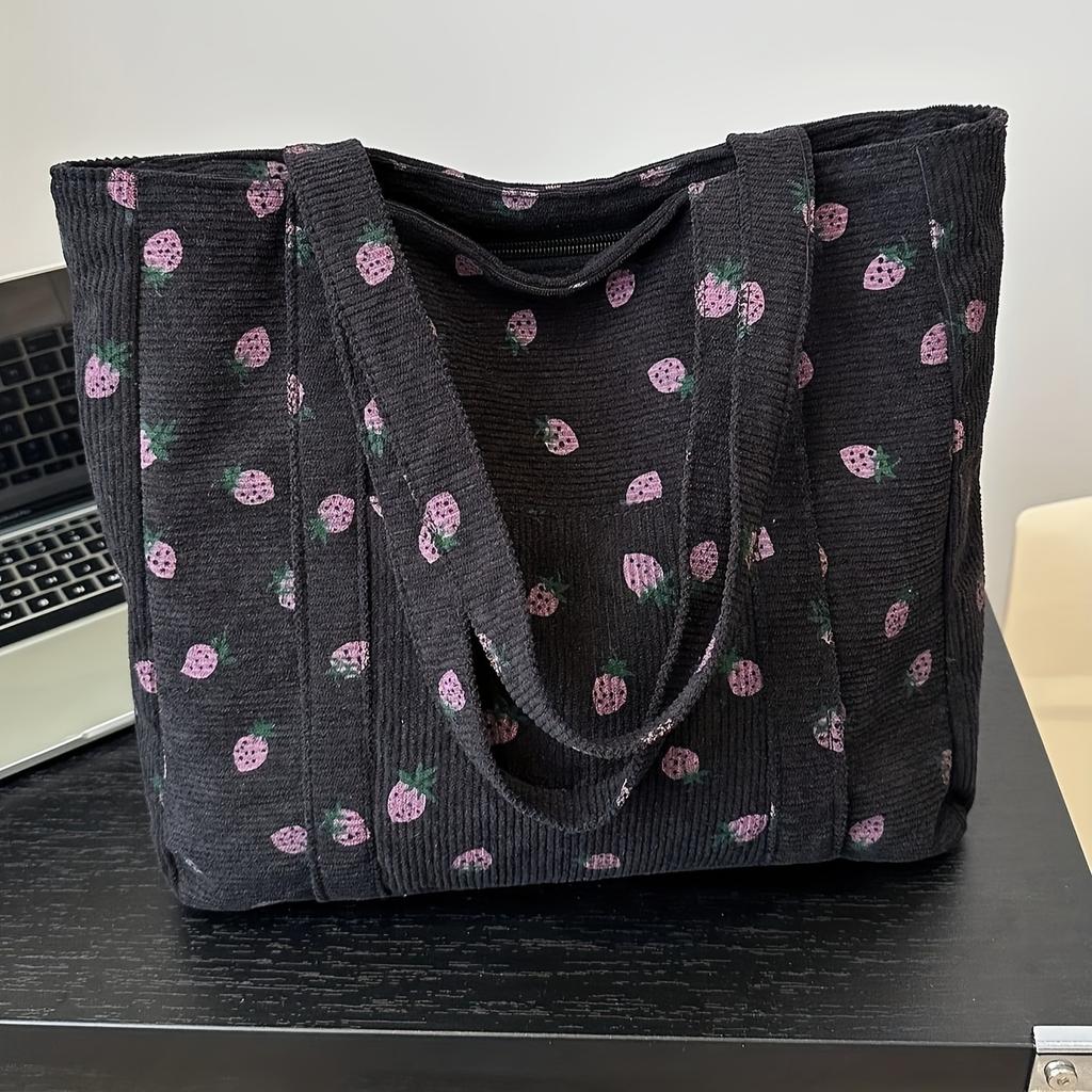 Strawberry Tote Bag Large Capacity Strawberry Pattern Tote Bag Women's Fashion Shopping Bag with Fixed Strap, Casual Travel Tote