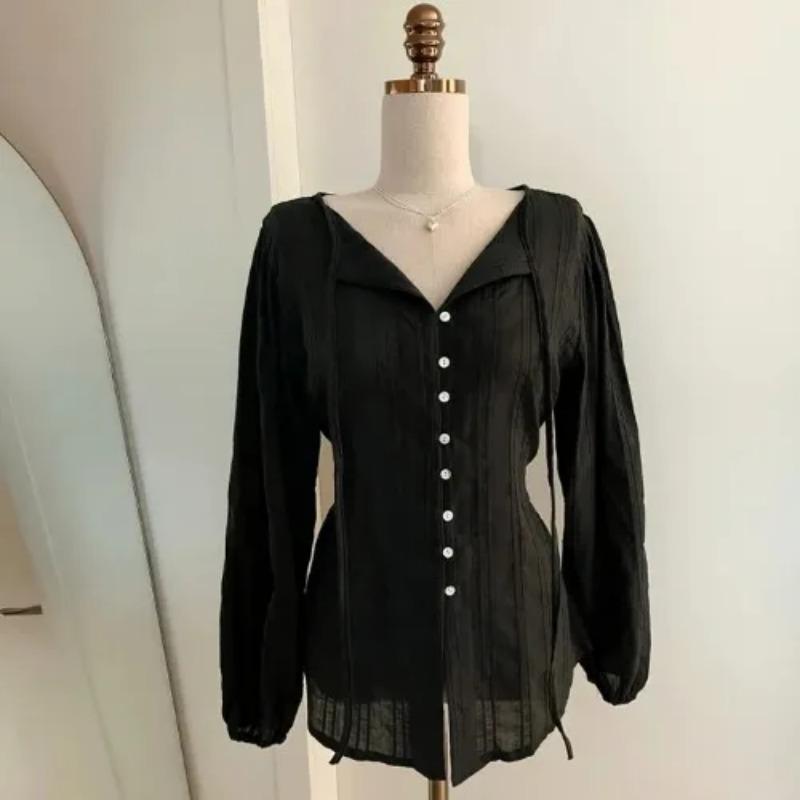 Korean Series Chic Chic Top Women Autumn French Sle Gentle Sweet Temperament Lapel Lace-up Waist Hugging Slimming Long Sleeve