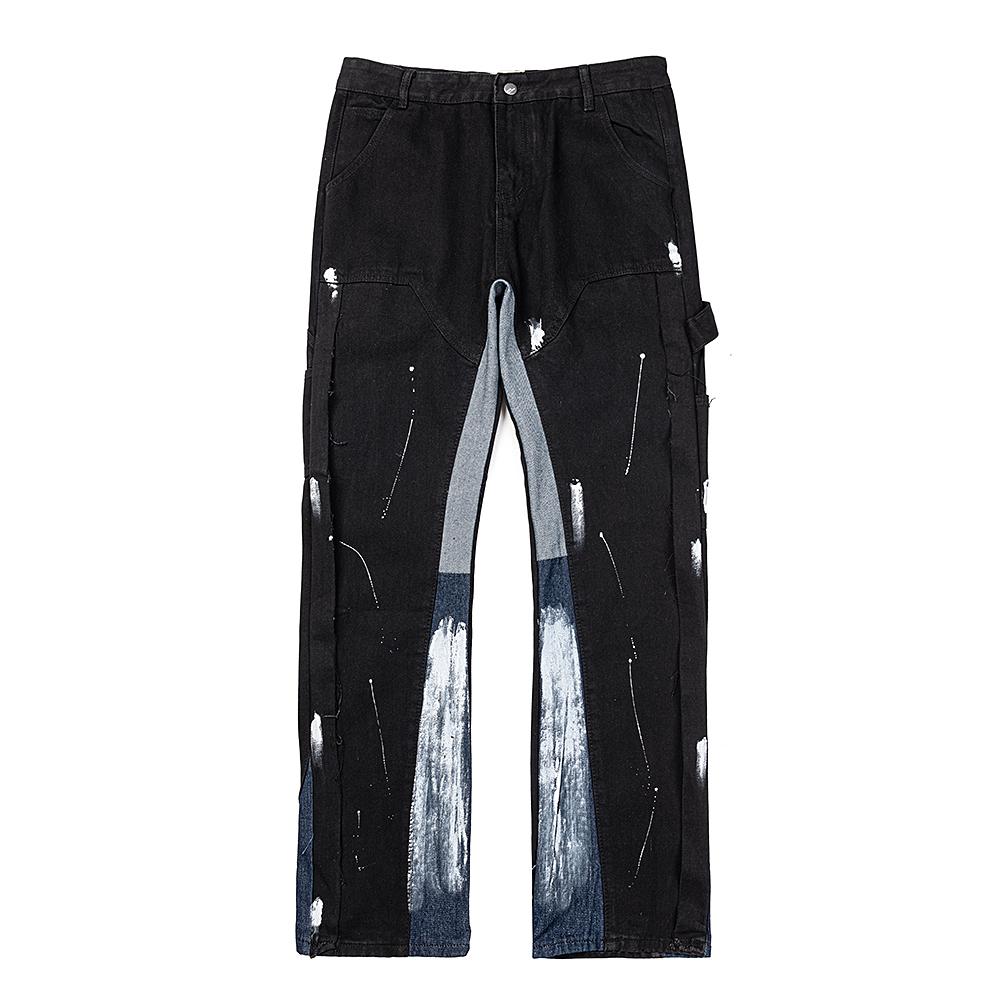 FlowStreet Retro American Torn Fringe Knee Patchwork Micro Flared Black Jeans Youth Fashion Straight Leg Workwear Trousers Wear Resistant