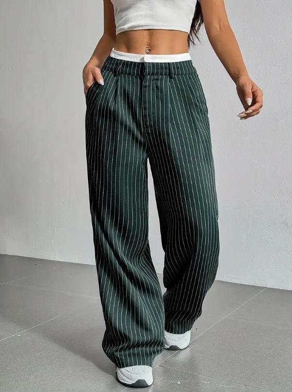 Women's Trousers Japanese and Korean Casual High Waist Color Matching Simple Drape Striped Straight Trousers Wide Legs