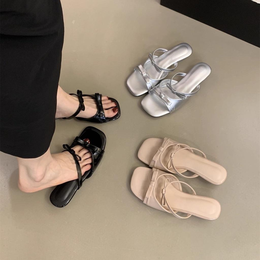 French wedge heel beautiful slippers women's summer wear 2025 new bow fairy sandals holiday with skirt cool slippers