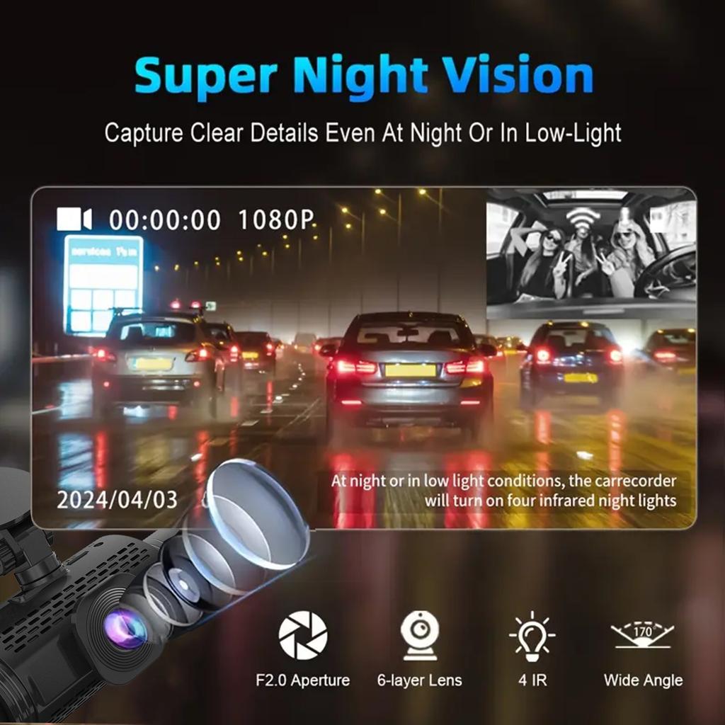 Dash Cam per Auto 3/4 Canali Scatola Nera Telecamera di Guida FHD Anteriore Sinistra Destra Posteriore Visione Notturna Registrazione in Loop