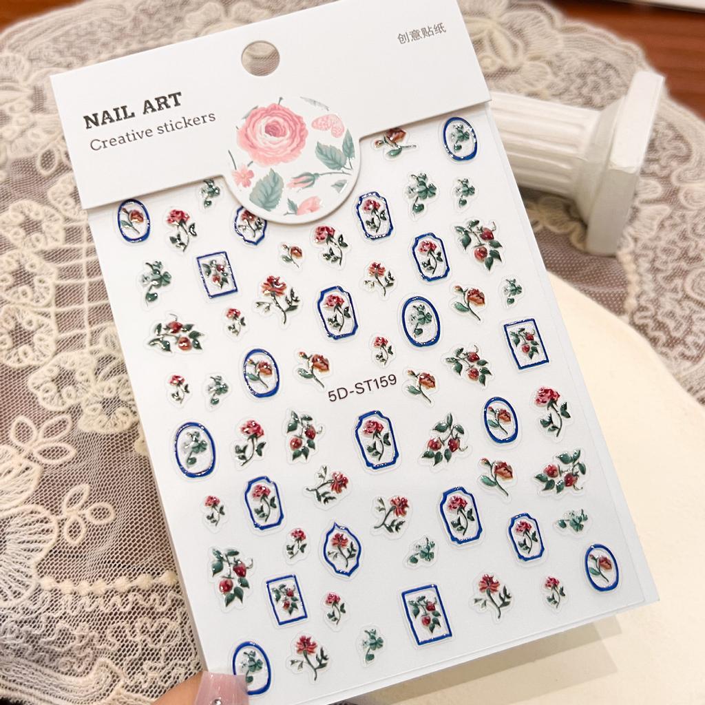 Hot-selling retro wind rose nail art sticker 5d flower relief sticker 3D three-dimensional nail sticker without curling edge