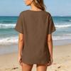 Women Henley Button Neck Short Sleeve Cotton Linen Shirt with Chest Pocket Loose Fit Casual Top for Daily Office Wear