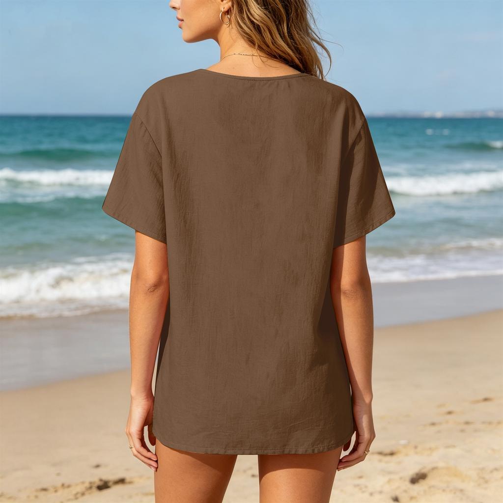 Women Henley Button Neck Short Sleeve Cotton Linen Shirt with Chest Pocket Loose Fit Casual Top for Daily Office Wear