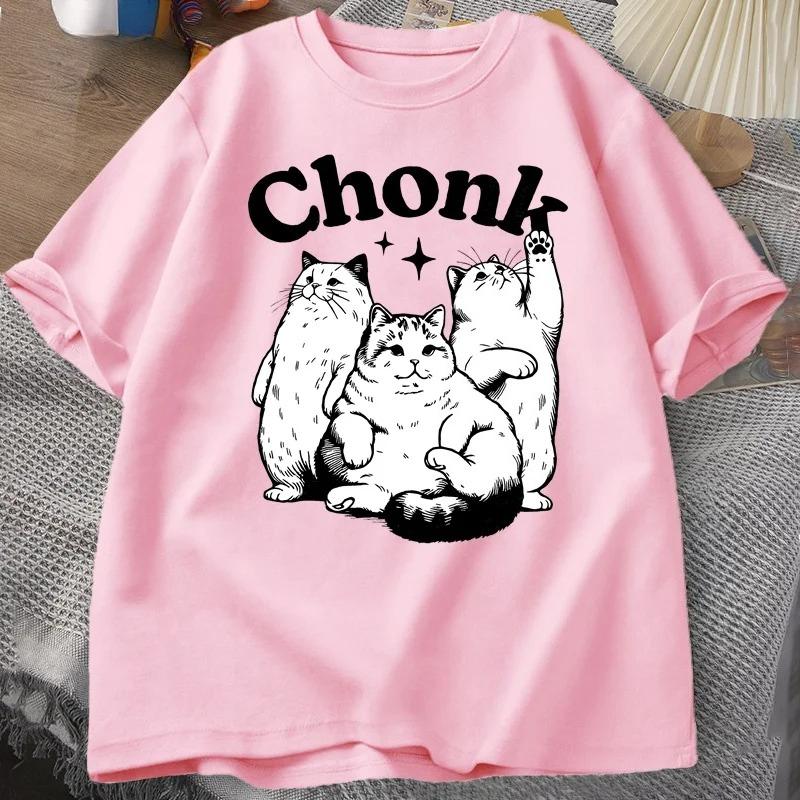Ladies Casual Short Sleeved Tshirt with Cute Cartoon Cat Chonk Letter Print Fashionable Daily Ladies Tshirt
