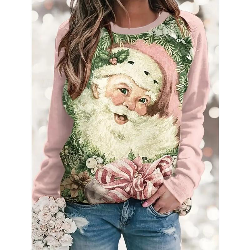 Women's Pullover Graphic Santa Claus Christmas Casual Long Sleeve Crew Neck Regular Tops Casual Holiday Print Pink Red Blue Spring Fall Winter