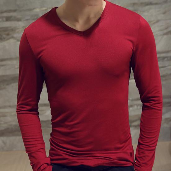 Men Shirt Solid Color Pullover Casual V Neck Long Sleeve Slim Autumn Base Shirt for Daily Wear