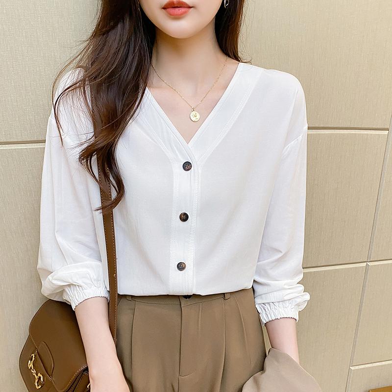 Women Blouses Shirts 2025 Spring Long Sleeve Women Blouse Shirt V-Neck Black White Blouse Shirt Women Tops J872