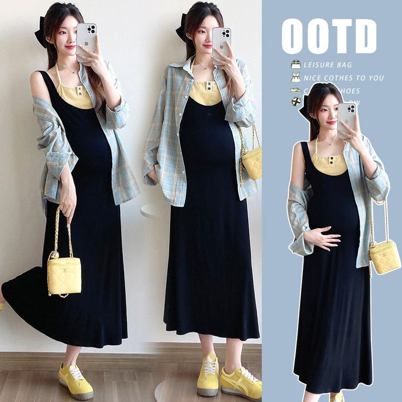 Spring 2026 Maternity Casual Two-Piece Set: Camisole Dress & Plaid Shirt M