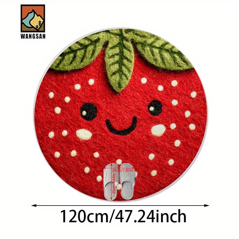 Strawberry Smile Round Rug Flannel Red Green Cute Fruit Design Bathroom Kitchen Entryway Non Slip Soft Floor Mat Kids Gift