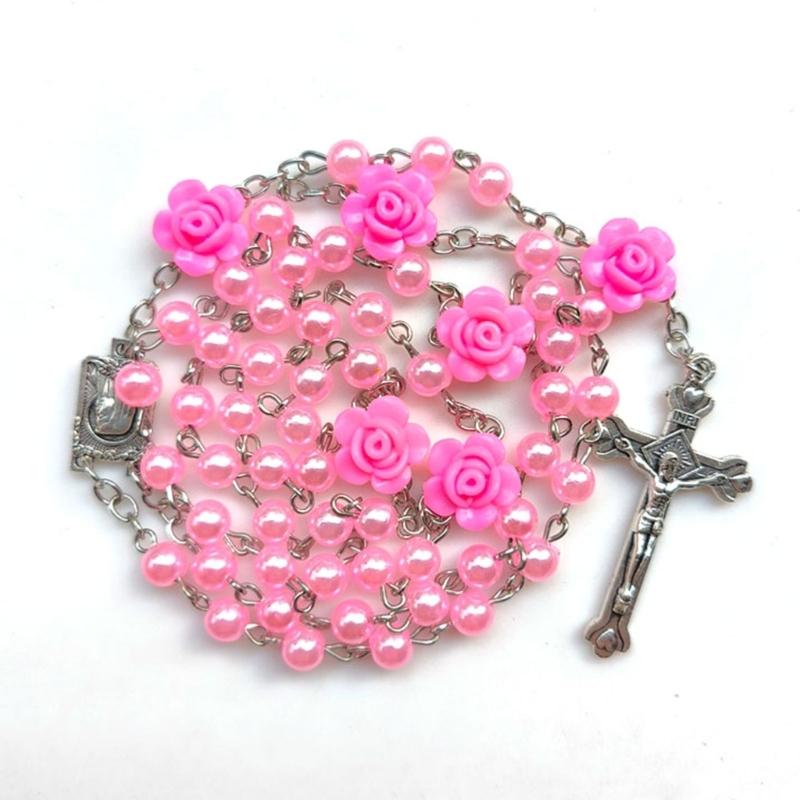 Elegant Rosary Beads Necklace With Glass Pearls and Crucifix Pendant for Prayer and Fashion
