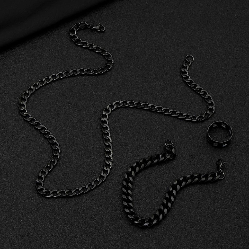 3-piece Men's Jewelry Set, Black Cuban Chain Necklace, Bracelet, Ring, Vintage Style Design, Elegant Choice