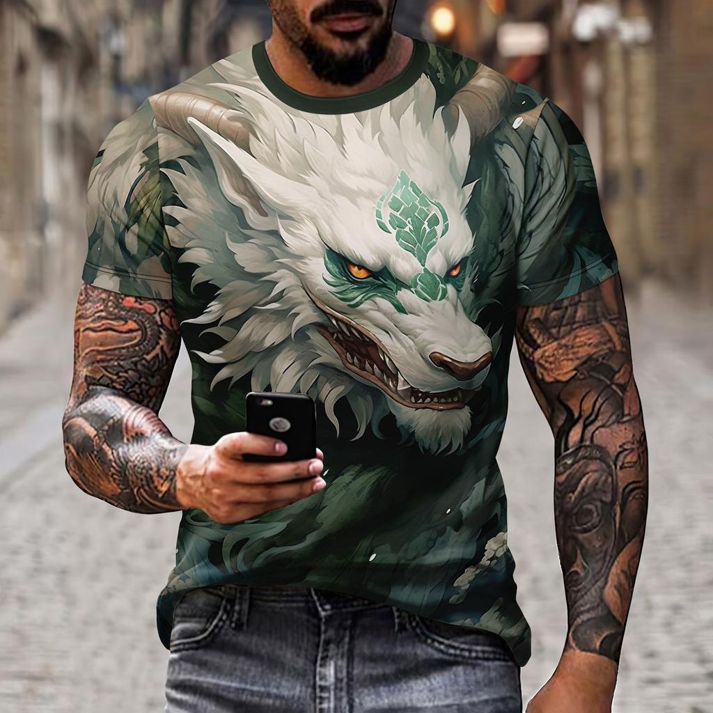 New Round Neck T-Shirt 3d Dragon Print Men's Cool Polyester Chinese Style Short Sleeved Fashionable Holiday Versatile Top