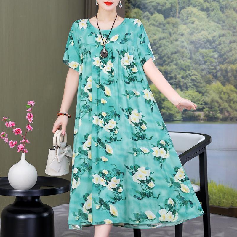 Plus Size Loose Vintage Print Langes Kleid für Damen Lässige Kurzarm-Sommer-Damenkleider