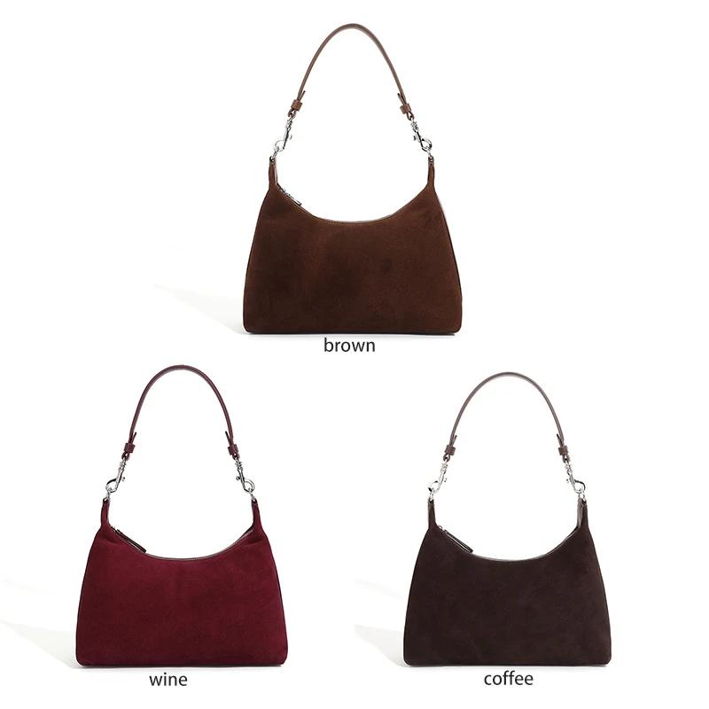 Pure Suede Cowhide Leather Women's Underarm Shoulder Crossbody Bag For Ladies Velvety Versatile Commuting Trendy Hand Bags