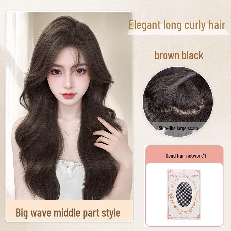 Women's Natural Long Full Cap Wig with Realistic Large Waves and Seamless Middle Part Bangs