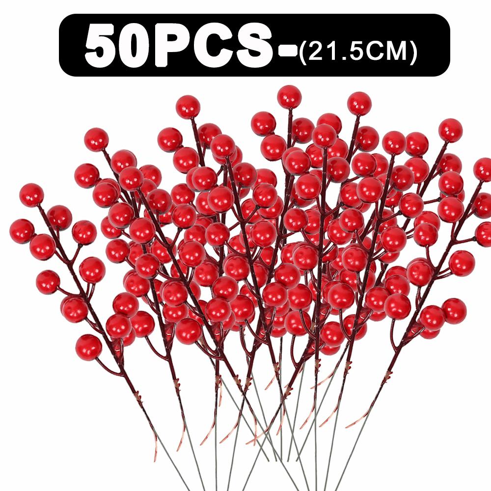 50-1PCS Artificial Red Berries Branches Christmas Simulation Flower Fruit Cherry DIY Wreath Xmas Tree New Year Party Decorations