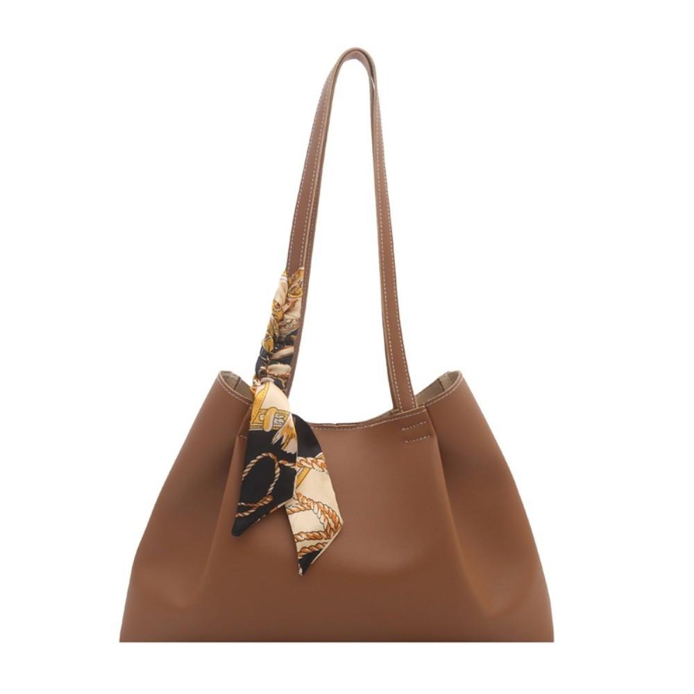 

New Large Ruched Female Clutch PU Leather Ribbon Design Shoulder Bag Inner Bag Waterproof Bucket Tote Bag Daily Use світло-коричневого кольору